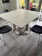 Eettafel Sumisura 130x130 Hpl pinie Navarra blad RVS poten, Huis en Inrichting, Tafels | Eettafels, Ophalen, Gebruikt, Vierkant