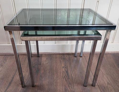 Vintage mimiset/bijzettafeltjes, glas/metaal, Huis en Inrichting, Tafels | Bijzettafels, Gebruikt, Rechthoekig, Minder dan 45 cm