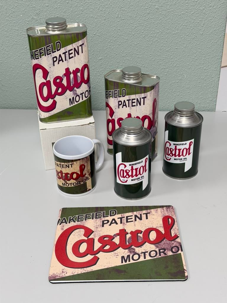 Castrol oil olie Mancave Set 4 olieblikken + mok + muismat, Verzamelen, Ophalen of Verzenden, Nieuw, Overige