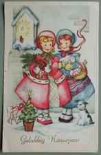 Dickens stijl 3 - 2 meisjes met cadeaus - kerst 1955, Ophalen of Verzenden, 1940 tot 1960, Gelopen, Feest(dag)