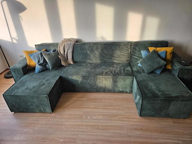 Ribstof bank groen, Huis en Inrichting, Banken | Bankstellen, Zo goed als nieuw, Hoekbank, Driepersoons, 300 cm of meer, 75 tot 100 cm