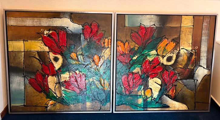 Stan Hill Tweeluik 'Het boze oog' Abstract Bloemmotieven Sch, Antiek en Kunst, Kunst | Schilderijen | Abstract, Ophalen of Verzenden