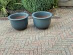 Twee grote geglazuurde aardewerk buiten bloempotten, Tuin en Terras, Bloembakken en Plantenbakken, Ophalen, Gebruikt, Rond, Steen