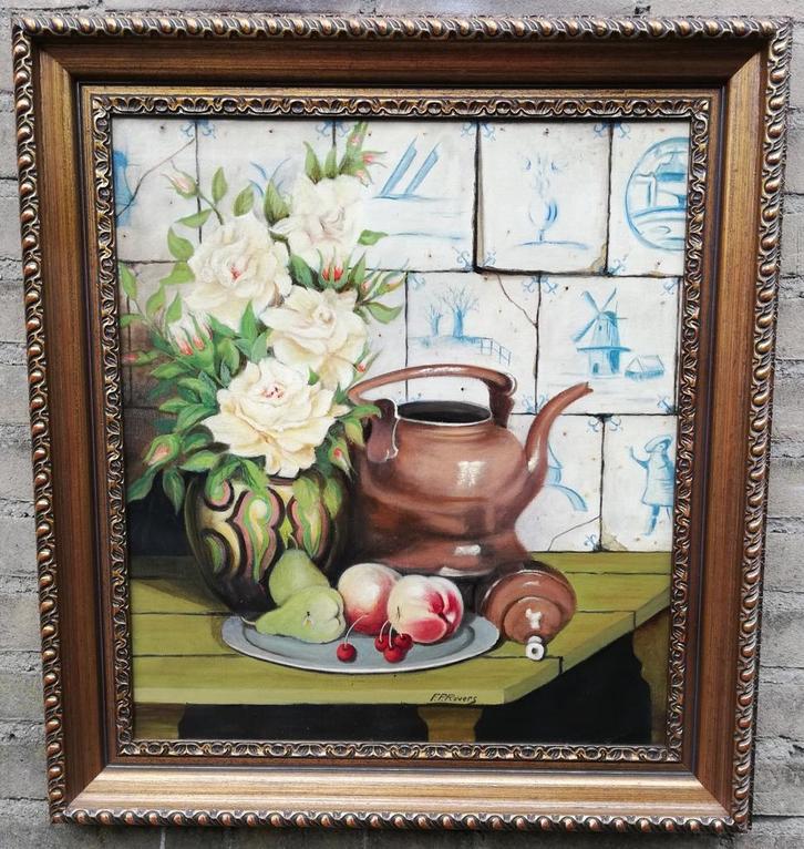 F. P. Rovers, Stilleven met antieke Delfts blauwe tegeltjes., Antiek en Kunst, Kunst | Schilderijen | Klassiek, Ophalen