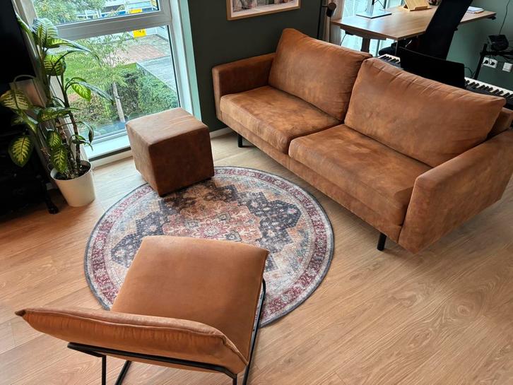 Complete zithoek: bank - fauteuil - poef/hocker, Huis en Inrichting, Banken | Complete zithoeken, Zo goed als nieuw, Stof, Ophalen