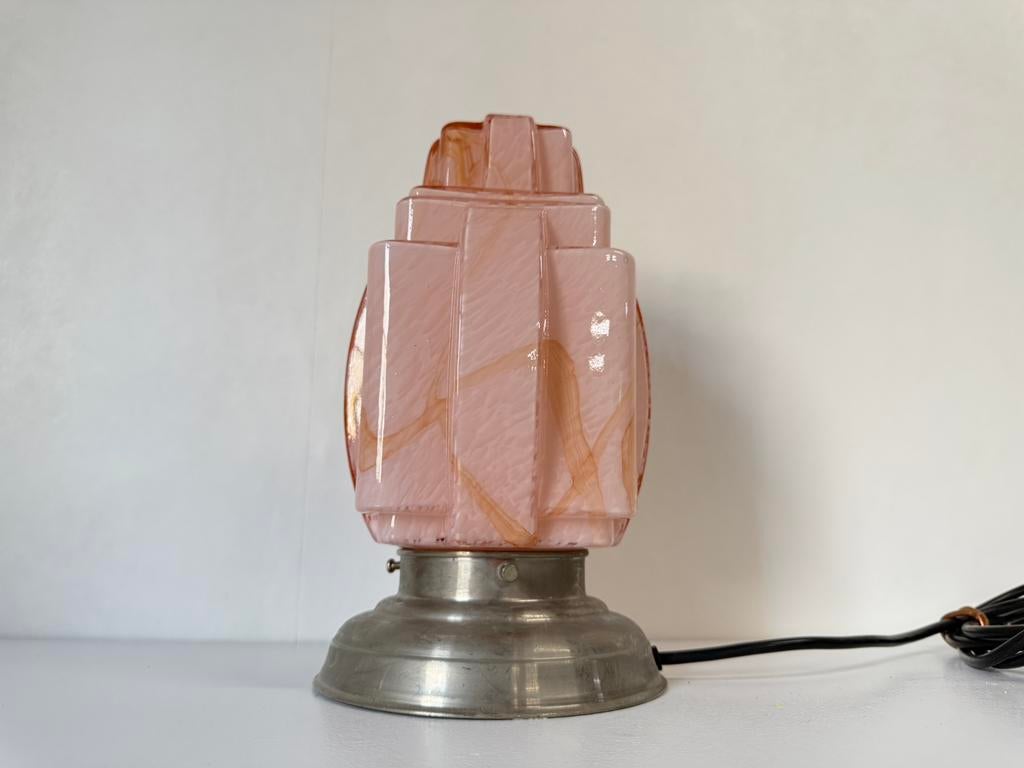 Antieke roze Art Deco gemarmerde lamp tafellamp skyscraper, Ophalen of Verzenden