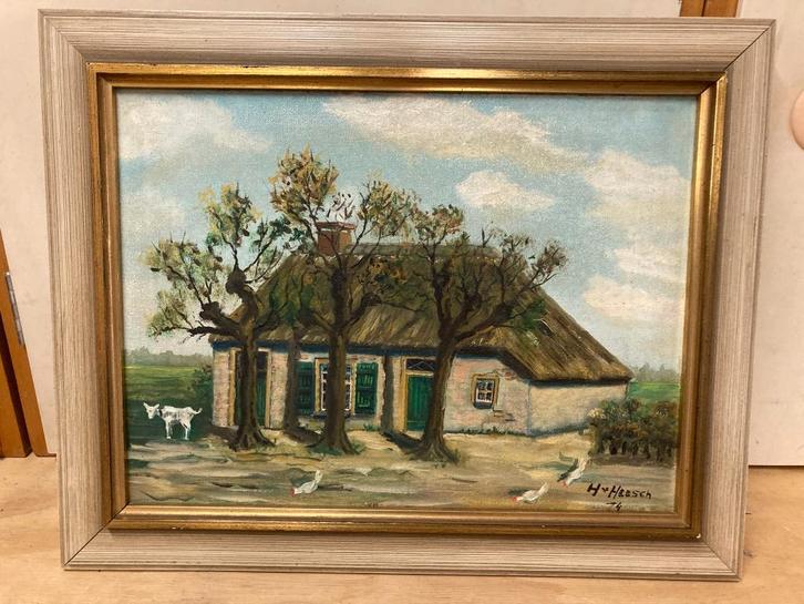 Schilderijtje van een oud Boerderijtje. H .v. Hees 1974, Antiek en Kunst, Kunst | Schilderijen | Klassiek, Ophalen of Verzenden