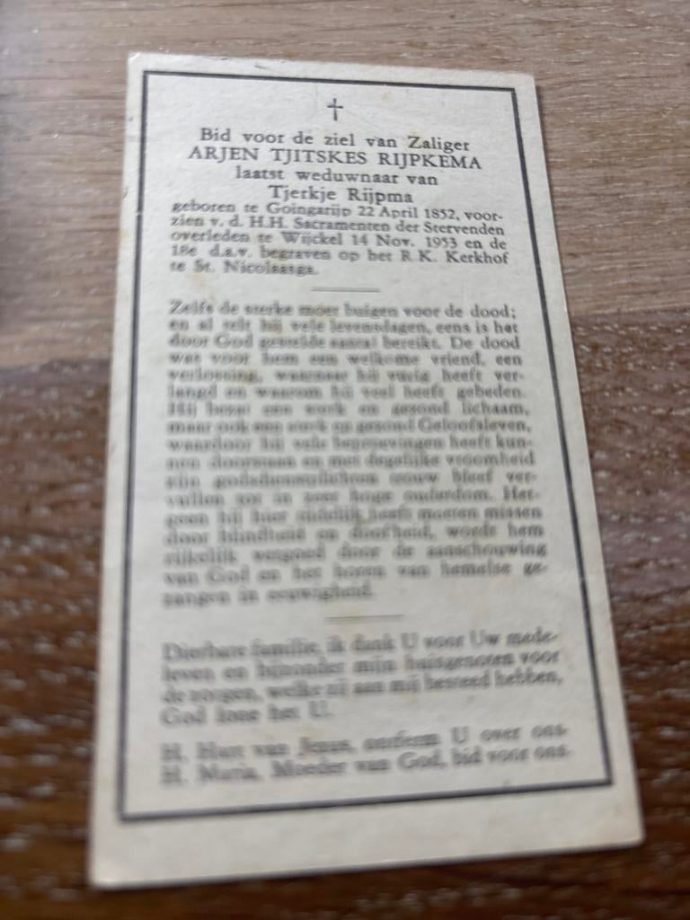 100 jarige Rijpkema Arjen 1852 Goingarijp 1953 Wijckel, Verzamelen, Bidprentjes en Rouwkaarten, Bidprentje, Ophalen of Verzenden