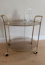 Vintage gouden drankkar op wielen, messing look met rookglas, Ophalen, Zo goed als nieuw