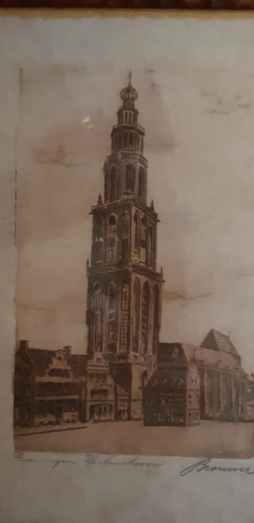 Ets martinitoren Groningen - gesigneerd Brouwer, Antiek en Kunst, Kunst | Etsen en Gravures, Ophalen