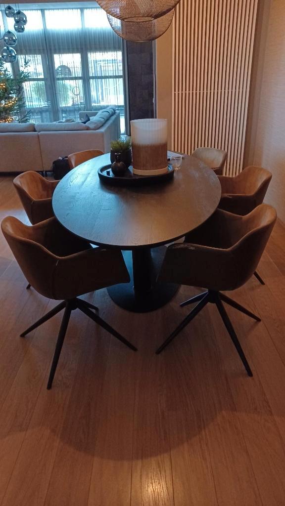 eetkamer stoelen 6st. kuip stof met kunstleer bruin, Huis en Inrichting, Stoelen, Gebruikt, Vijf, Zes of meer stoelen, Stof, Overige materialen