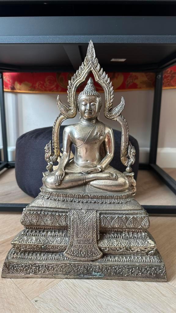 Antieke Thaise Buddha - Zilver Verguld, Antiek en Kunst, Kunst | Beelden en Houtsnijwerken, Ophalen