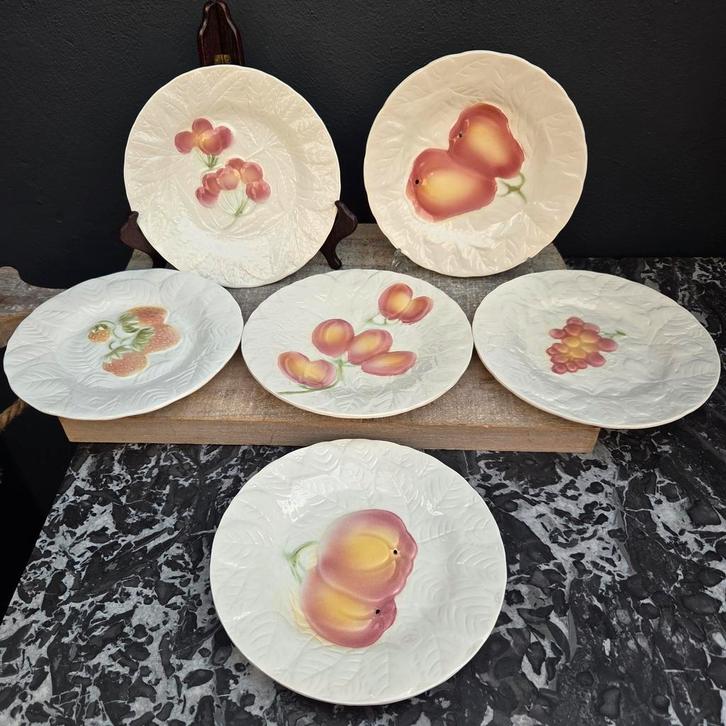 Brocante bordjes met fruitmotief (Set van 6) Salins, Antiek en Kunst, Antiek | Schalen, Ophalen of Verzenden