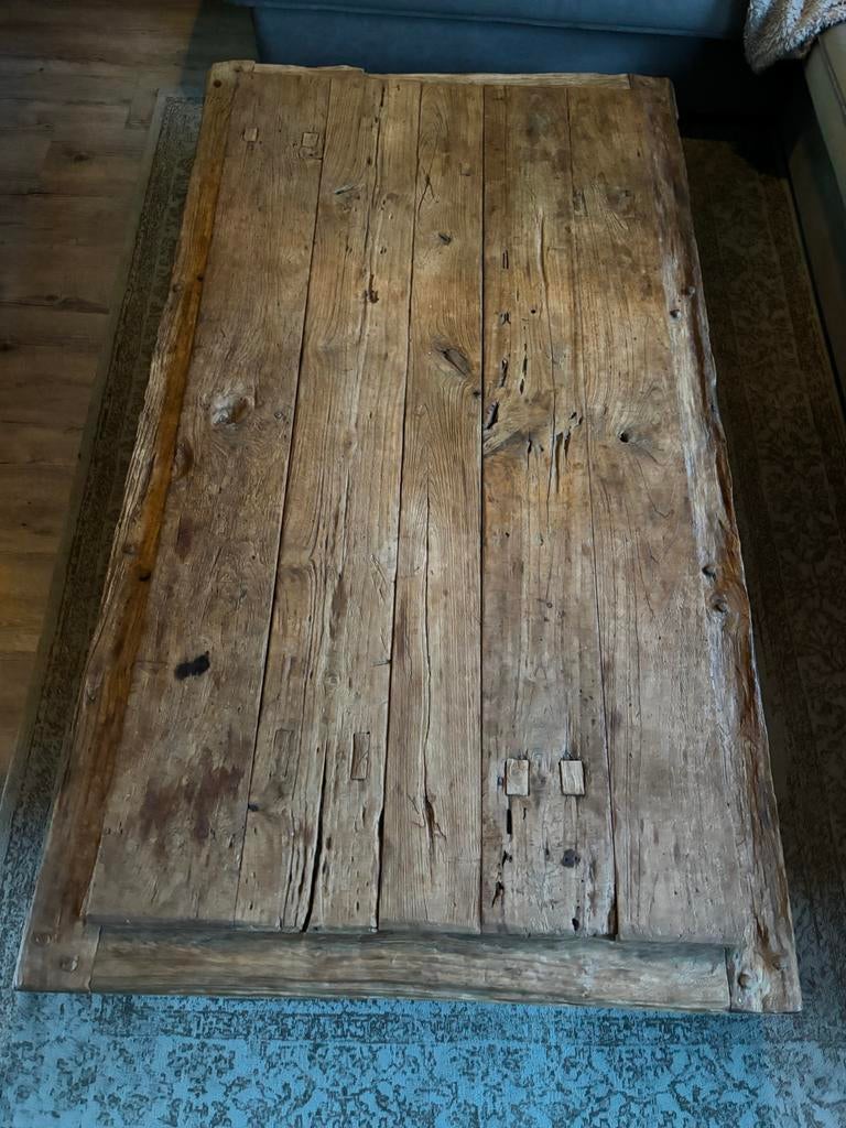 Rustieke houten salontafel op wielen - 180x100cm, Ophalen, Gebruikt, 50 tot 100 cm, 150 tot 200 cm