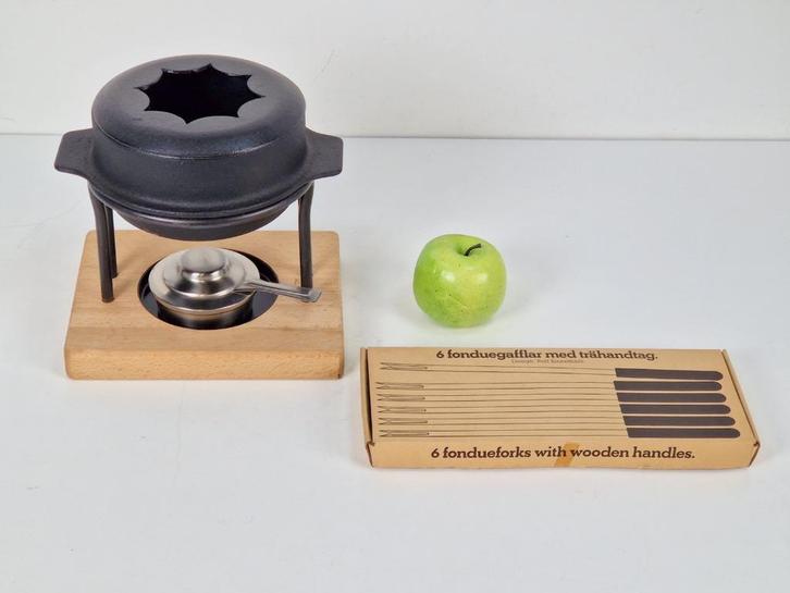Vintage fondueset kosta Boda Shop gietijzer hout Zweden '60, Witgoed en Apparatuur, Fonduesets, Zo goed als nieuw, Fondueset, Brander