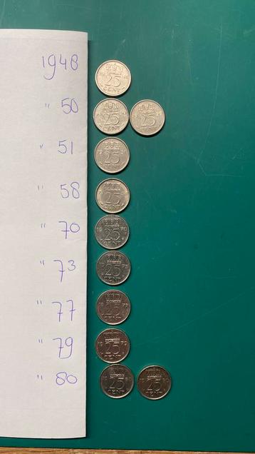 25 cent munten.  Vanaf 1948 t/m 1980 beschikbaar voor biedingen