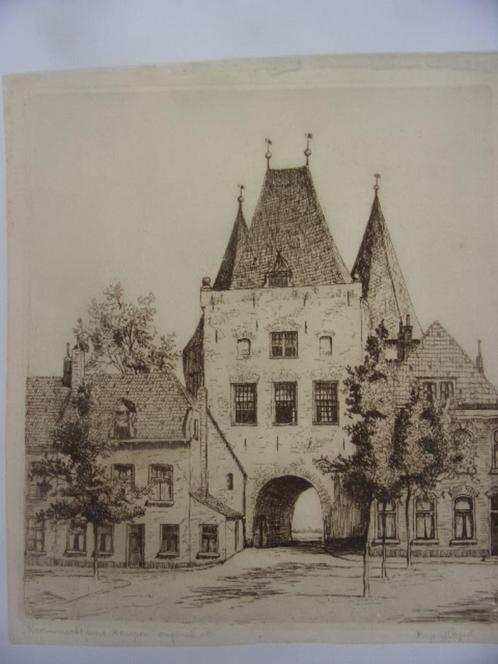 Koornmarktpoort Kampen Originele Ets C.M. van der Woerd, Antiek en Kunst, Kunst | Etsen en Gravures, Ophalen of Verzenden