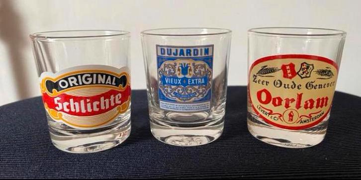 3 Borrelglaasjes: Schlichte/Vieux/Oorlam. Hoogte 5 cm., Verzamelen, Glas en Borrelglaasjes, Zo goed als nieuw, Borrel- of Shotglas