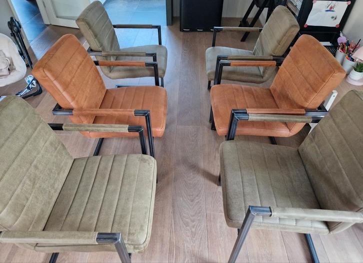 6 Stijlvolle Eetkamerstoelen - Donkergroen & Cognac, Huis en Inrichting, Stoelen, Zo goed als nieuw, Vijf, Zes of meer stoelen