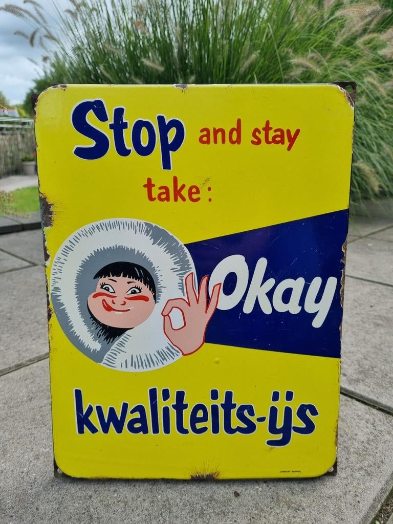 Emaille Reclamebord Okay Kwaliteits-ijs, Verzamelen, Merken en Reclamevoorwerpen, Ophalen of Verzenden, Gebruikt, Reclamebord