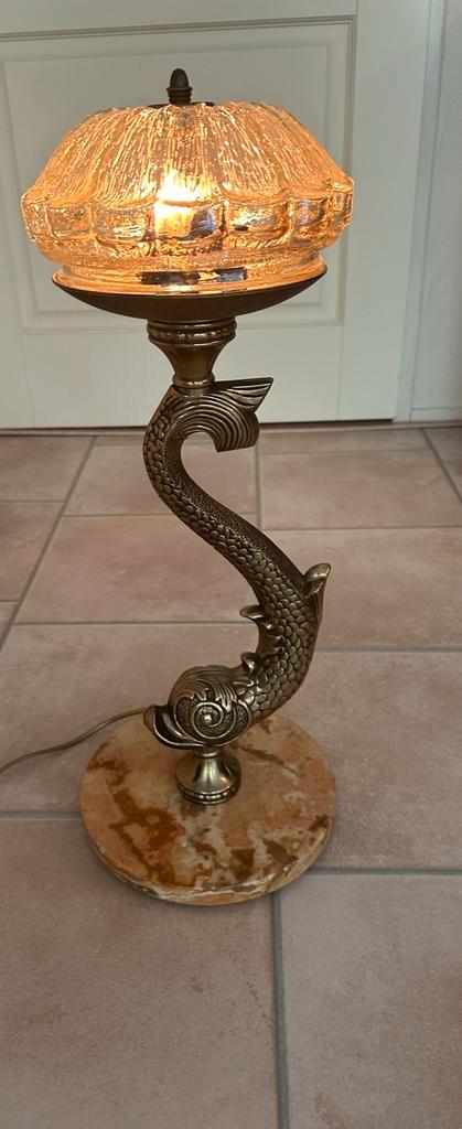 Antieke Dolfijn  Lamp met Marmeren Voet en Gouden Afwerking, Antiek en Kunst, Antiek | Lampen, Ophalen