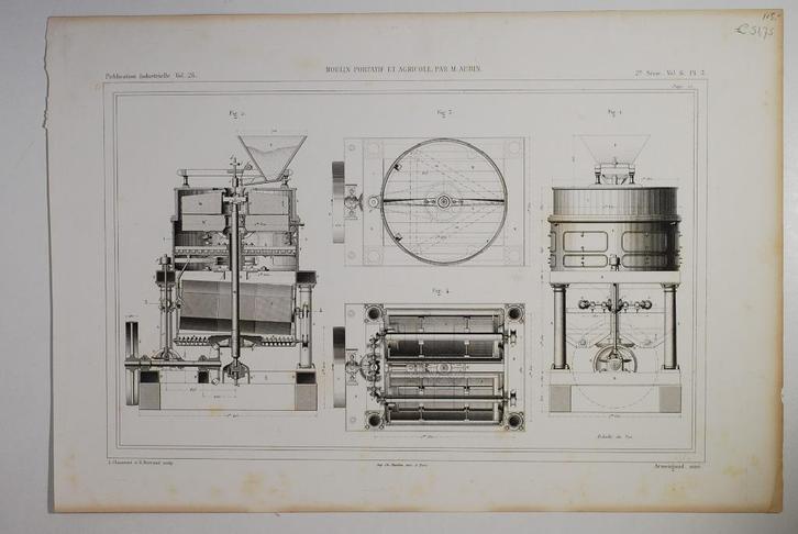 Draagbare en agrarische molen door M. Aubin (1880), Verzamelen, Foto's en Prenten, Gebruikt, Voor 1940, Verzenden