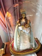 antiek beeld van bijenwas maria en jezus met stolp, Antiek en Kunst, Ophalen of Verzenden