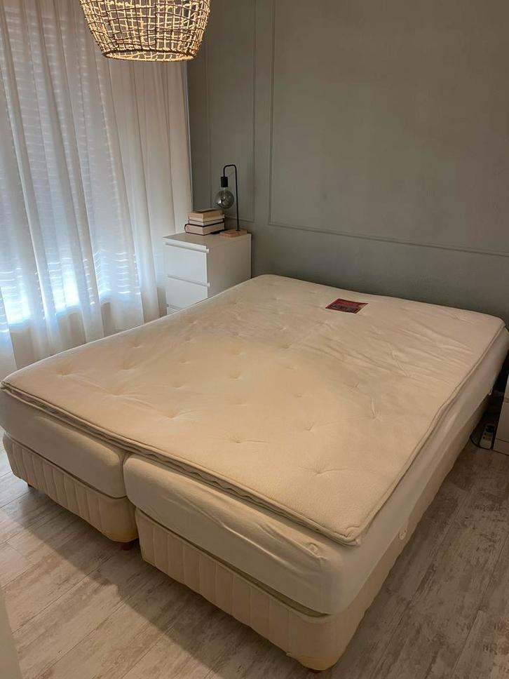 Compleet 2 persoonsbed 160x200, Huis en Inrichting, Slaapkamer | Bedden, Gebruikt, Tweepersoons, 160 cm, 200 cm, Stof, Beige, Ophalen