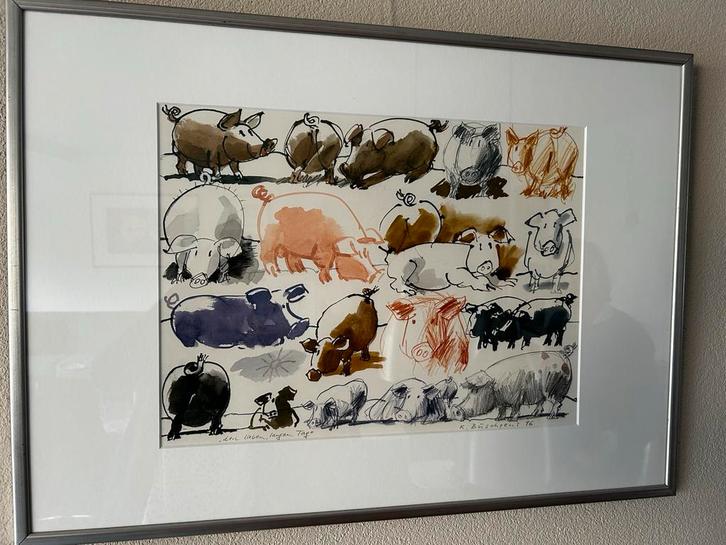 Zeefdruk K. Büschpens - Varkens, Antiek en Kunst, Kunst | Litho's en Zeefdrukken, Ophalen of Verzenden