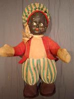 Antieke zwarte pop, groen/wit broek en muts, rood vilt jasje, Verzamelen, Poppen, Ophalen, Gebruikt, Pop