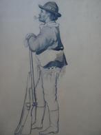 Tekening rustende jager met stenen pijp en geweer, jaren 20, Antiek en Kunst, Verzenden