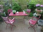 Retro Frans vijfdelig Gerestaureerd Hardhouten Tuinset, Ophalen, 4 zitplaatsen, Hardhout, Zo goed als nieuw