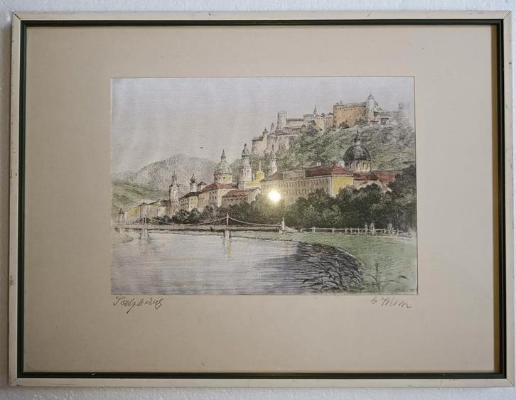 Salzburg op zijde achter glas.Gesigneerd., Antiek en Kunst, Kunst | Schilderijen | Klassiek, Ophalen of Verzenden