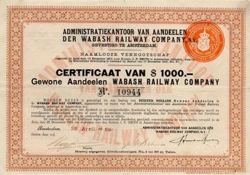 Certificaat van $ 1.000 van Wabash Railway Company 1929  beschikbaar voor biedingen
