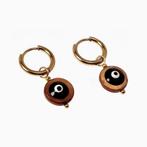 Ø14mm Oorringen + Bruine Ronde Schelp Hanger Verguld Stalen, Overige materialen, Hangers, Birgitta-Gracht 33, 6465 EL Kerkrade, Nederland