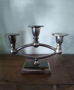 Verzilverde 3 arm kandelaar, marmer ingelegde voet, vintage, Ophalen of Verzenden, Gebruikt, Kandelaar, Minder dan 25 cm