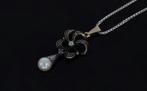 Diamanten parel antieke 14k gouden hanger ketting zilver, Verzenden, Goud, Hanger, Met edelsteen