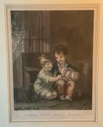 Handgekleurde kopergravure twee kinderen met een konijn, Ophalen of Verzenden