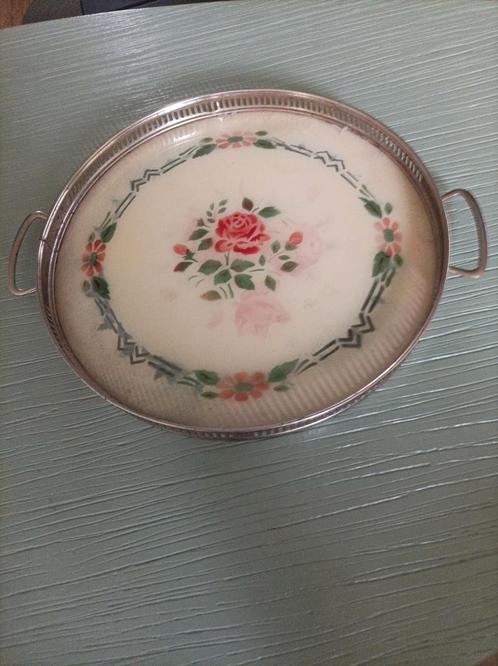 Vintage Dienblad met Rozenmotief, Huis en Inrichting, Woonaccessoires | Dienbladen, Gebruikt, Metaal, Ovaal, Ophalen