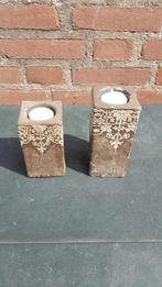 Kandelaars bruin met witte decoratie, 2 stuks, Ophalen of Verzenden