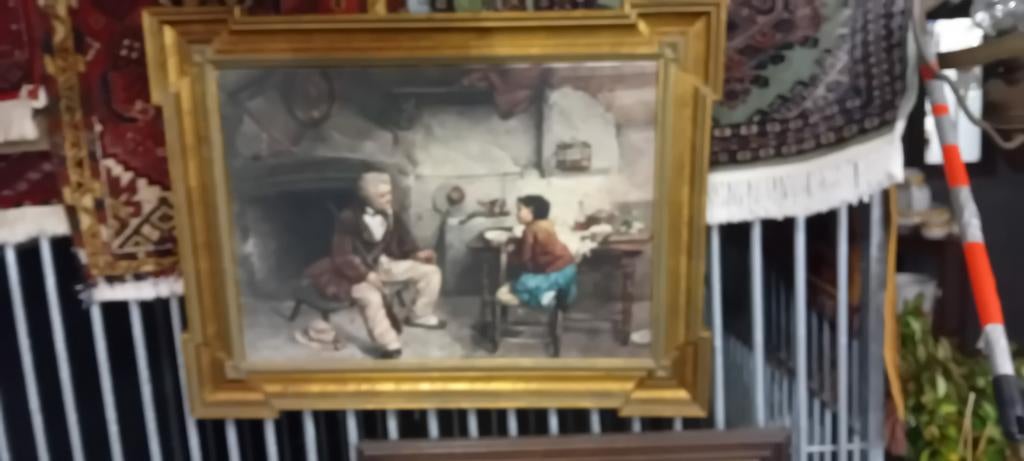 Schilderij van man en kind bij haard, Antiek en Kunst, Ophalen