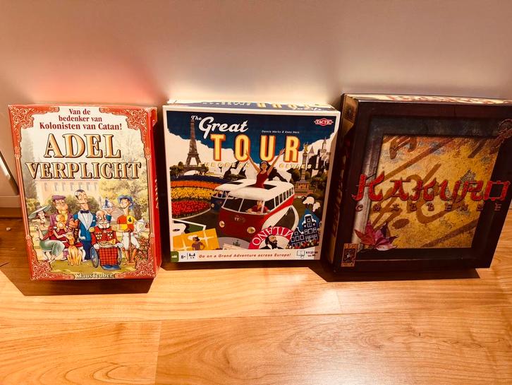 Drie bordspellen: Adel Verplicht, Great Tour en Kakuro, Hobby en Vrije tijd, Gezelschapsspellen | Bordspellen, Gebruikt, Een of twee spelers