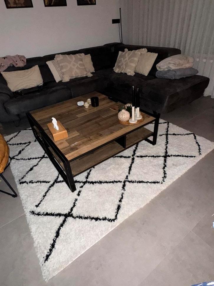 Drie hoogpolig ruiten vloerkleden zwart wit keukenloper, Huis en Inrichting, Stoffering | Tapijten en Kleden, Zo goed als nieuw