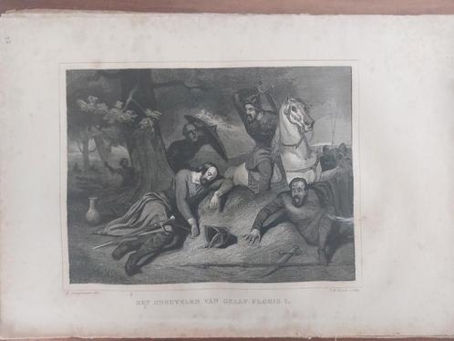 22 / Sneuvelen Graaf Floris I in het jaar 1061 gravure 1843, Antiek en Kunst, Kunst | Etsen en Gravures, Ophalen of Verzenden