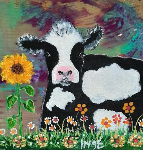 Schilderijtje Koe zonnebloem op hout in vrolijk acryl, Antiek en Kunst, Kunst | Schilderijen | Modern, Ophalen of Verzenden
