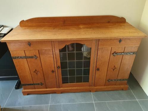 Antiek dressoir massief eiken. Glas-in-lood., Huis en Inrichting, Kasten | Dressoirs, Gebruikt, 150 tot 200 cm, 50 tot 75 cm, Eikenhout