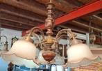 5-armige kroonluchter met houtsnijwerk en glazen, Huis en Inrichting, Lampen | Kroonluchters, Ophalen, Gebruikt, Glas, Antiek