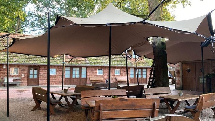 Te koop: Stretchtent doek 10,5x5 meter, chino/zand, Tuin en Terras, Partytenten, Zo goed als nieuw, Minder dan 5 meter, Ophalen