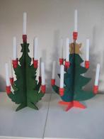 Zweedse houten kerstboomkandelaar jaren '50 groen/rood Vint, Ophalen of Verzenden, Gebruikt