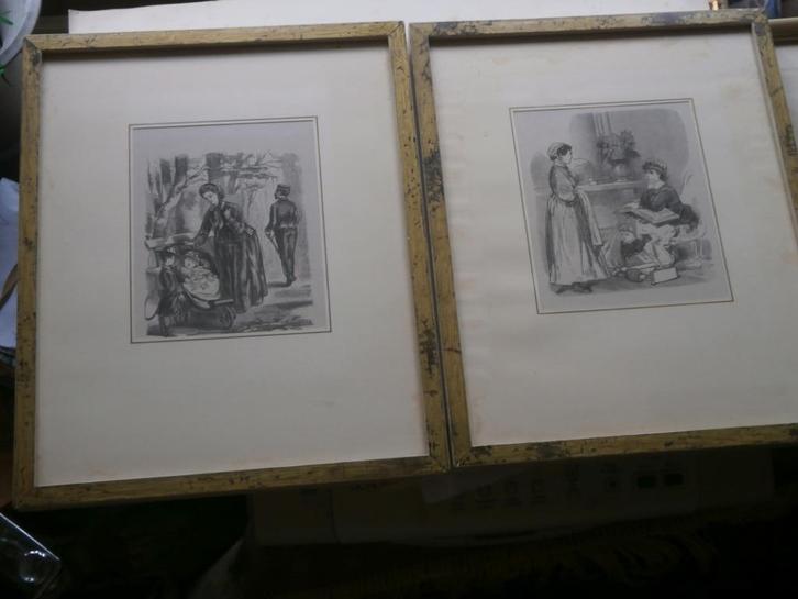2 HOUTGRAVURES, van Kinderverzorgsters i/h jaar 1850, Antiek en Kunst, Kunst | Etsen en Gravures, Ophalen